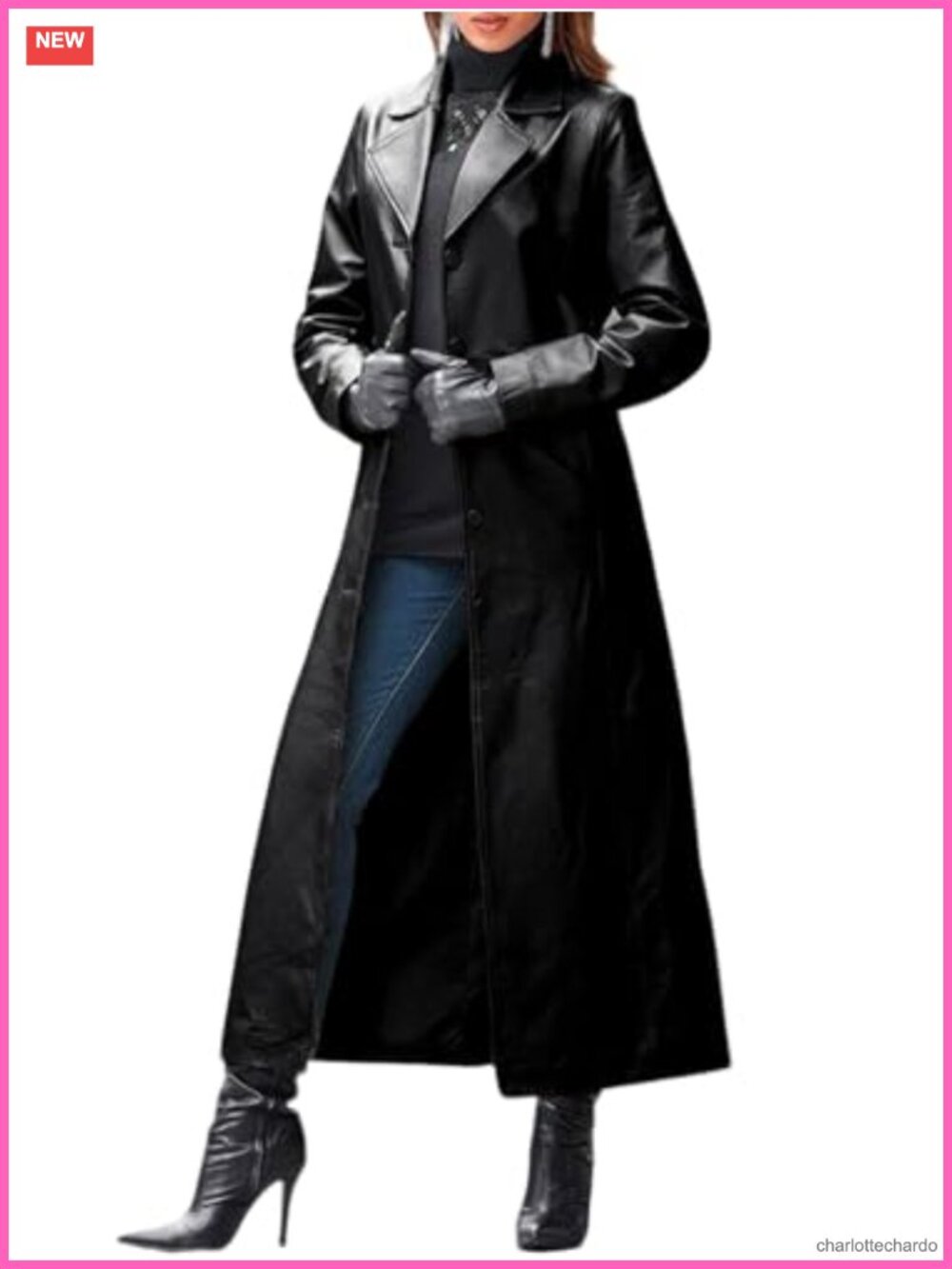 Faux Leather Trench Coat Classic Lapel Single Breasted Maxi Overcoat
